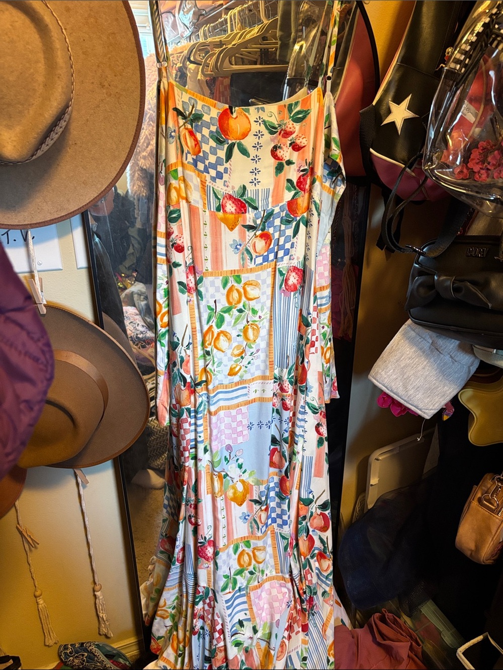Printed Fruit & Floral Maxi Dress in White with Pink and Orange Accents